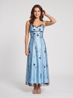 Sky Blue Tulle Empire Straight Neck Backless Floor-Length Dress with Beading - Curvevia