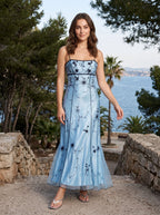 Sky Blue Tulle Empire Straight Neck Backless Floor-Length Dress with Beading - Curvevia
