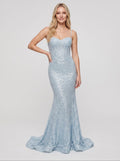 Sky Blue Tulle Mermaid Sweetheart Back Zip Floor-Length Dress with Beading - Curvevia