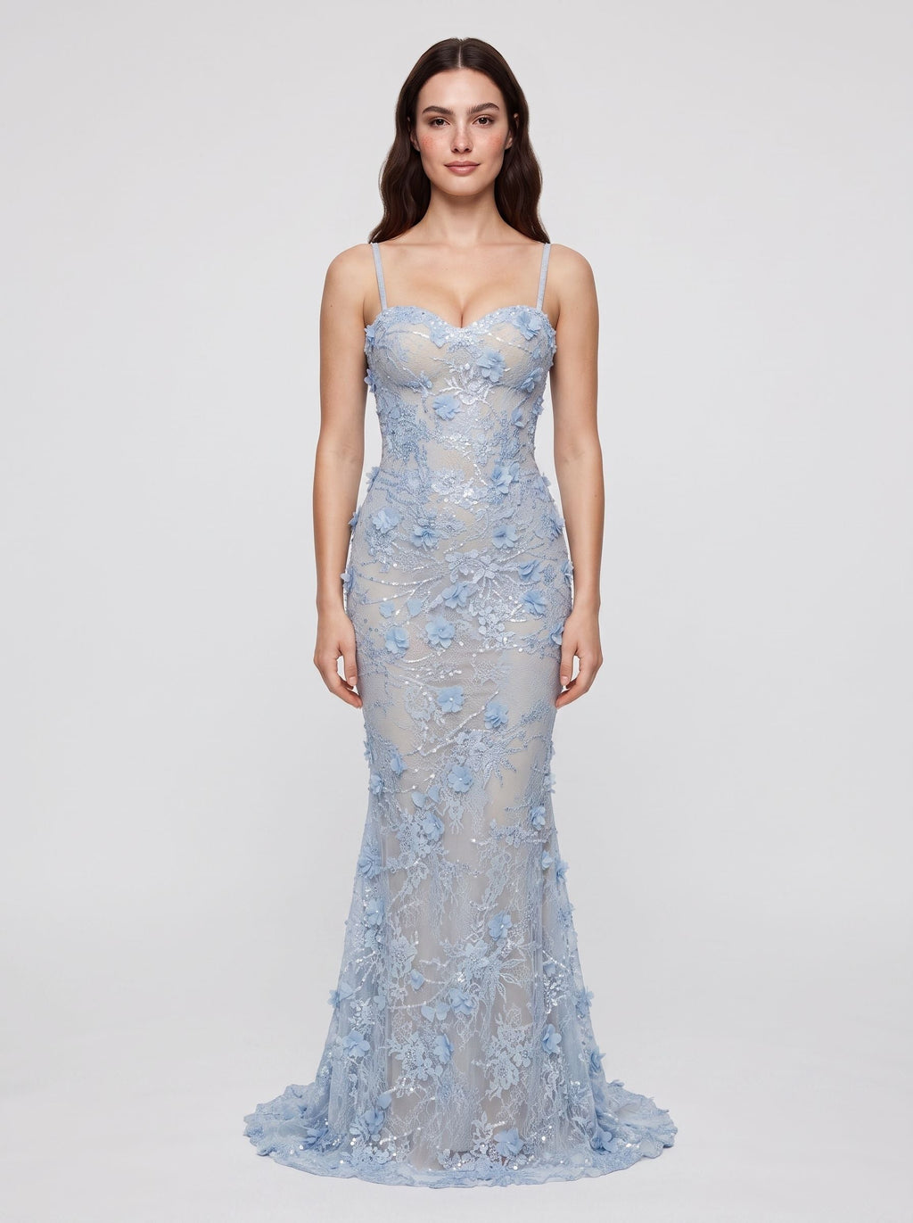 Sky Blue Tulle Mermaid Sweetheart Criss-Cross Straps Floor-Length Dress with Appliques - Curvevia