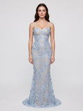Sky Blue Tulle Mermaid Sweetheart Criss-Cross Straps Floor-Length Dress with Appliques - Curvevia