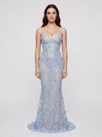 Sky Blue Tulle Mermaid Sweetheart Criss-Cross Straps Floor-Length Dress with Appliques - Curvevia