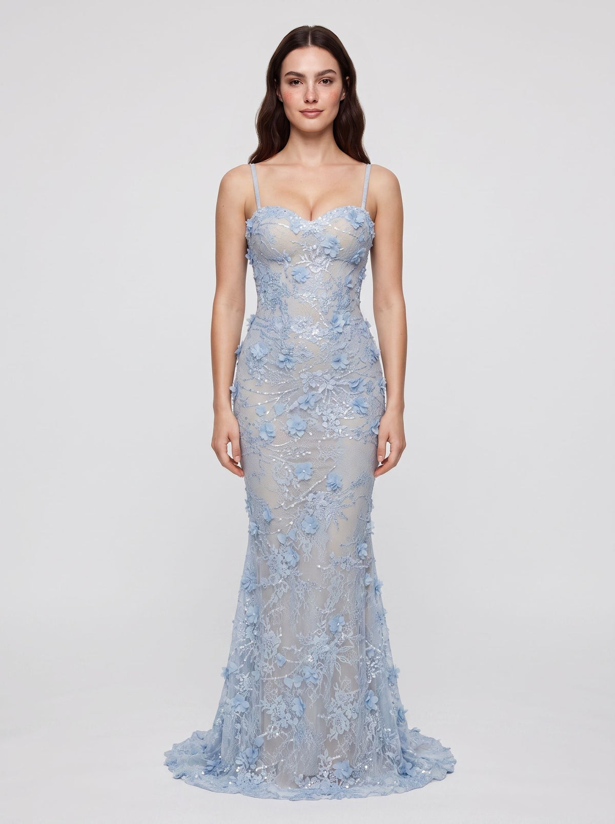 Sky Blue Tulle Mermaid Sweetheart Criss-Cross Straps Floor-Length Dress with Appliques - Curvevia