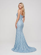 Sky Blue Tulle Mermaid Sweetheart Back Zip Floor-Length Dress with Beading - Curvevia