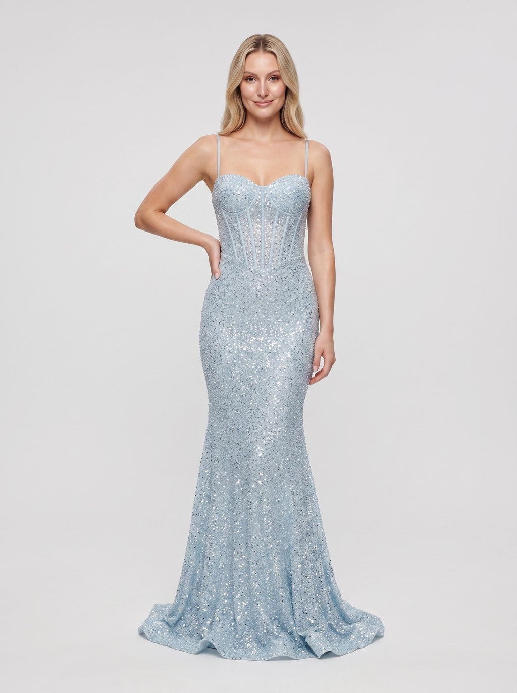 Sky Blue Tulle Mermaid Sweetheart Back Zip Floor-Length Dress with Beading - Curvevia