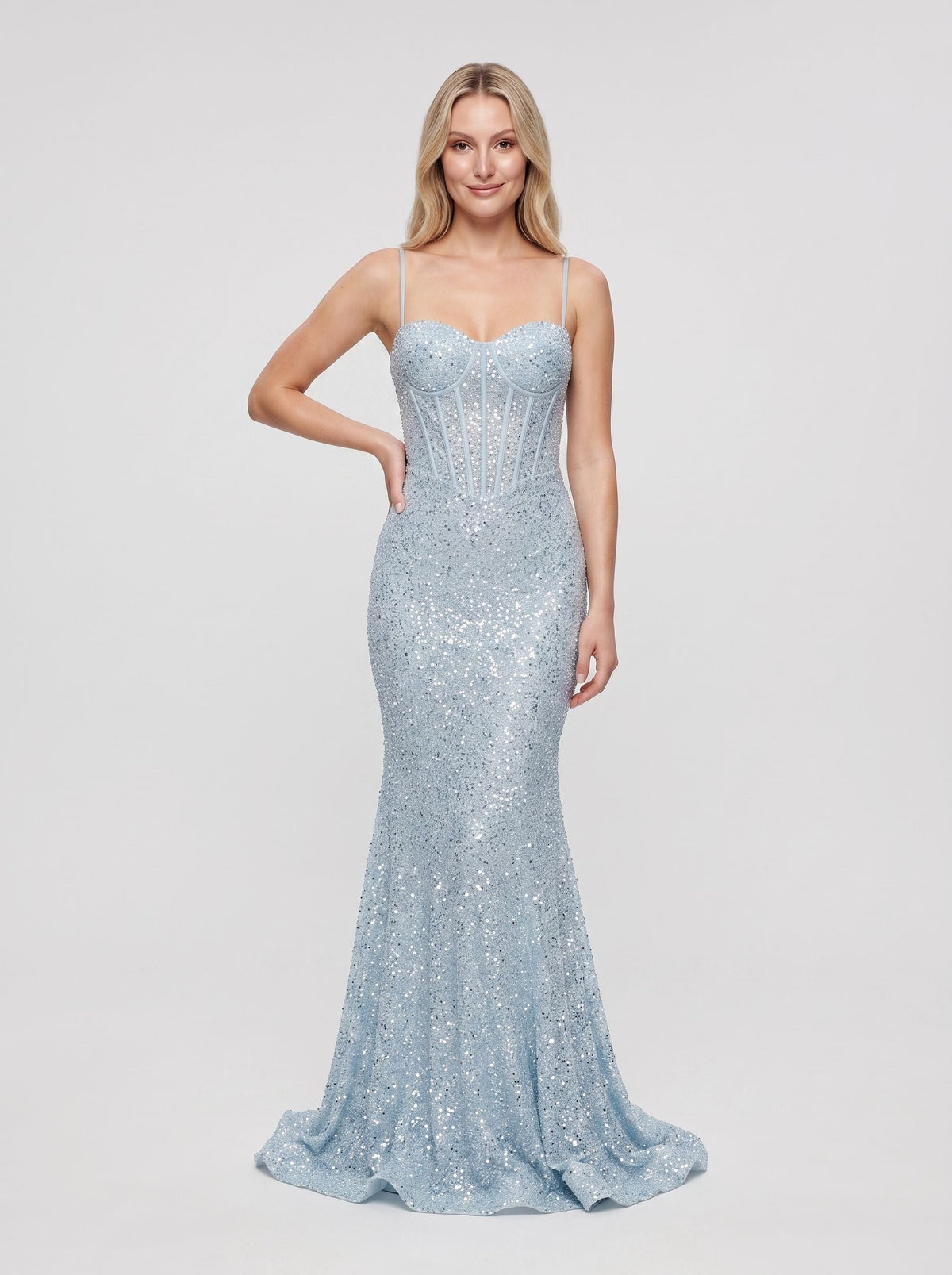 Sky Blue Tulle Mermaid Sweetheart Back Zip Floor-Length Dress with Beading - Curvevia