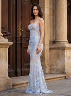 Sky Blue Tulle Mermaid Sweetheart Criss-Cross Straps Floor-Length Dress with Appliques - Curvevia