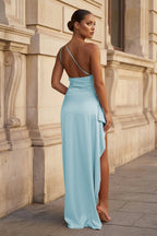 Pink One Shoulder Sheath Satin Long Wedding Guest Dress With Slit - Curvevia