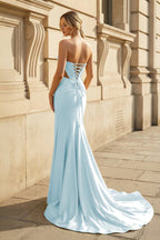 Yellow Sweetheart Mermaid Satin Beaded Long Evening Dress With Slit - Curvevia