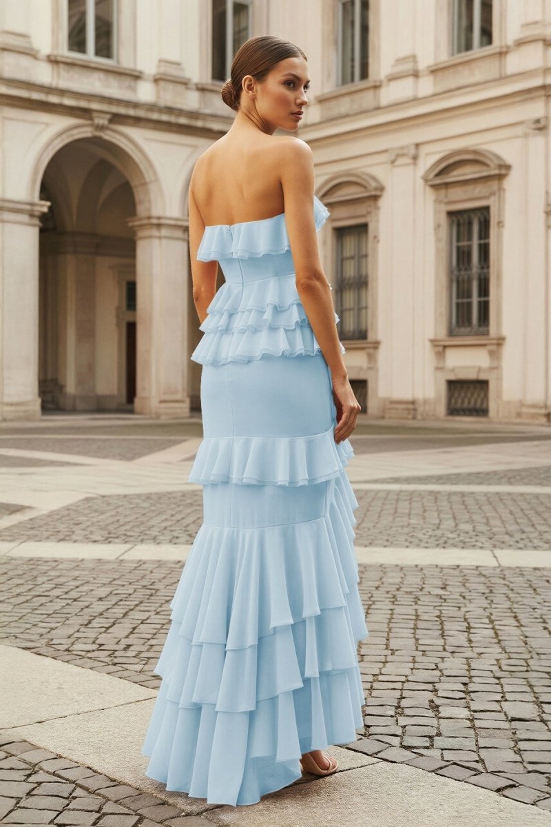 Pink Strapless Sheath Chiffon Ruffled Long Wedding Guest Dress - Curvevia