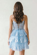A- Line Sky Blue Sequins Multi-Layers Short Homecoming Dress - Curvevia