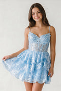 A- Line Sky Blue Sequins Multi-Layers Short Homecoming Dress - Curvevia