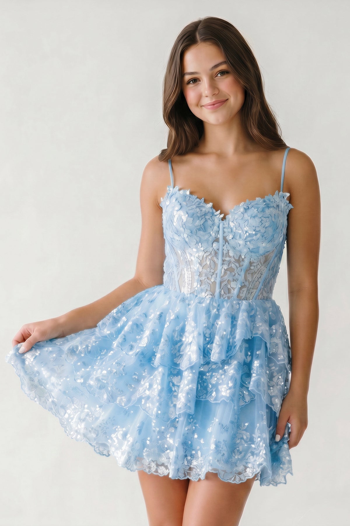 A- Line Sky Blue Sequins Multi-Layers Short Homecoming Dress - Curvevia