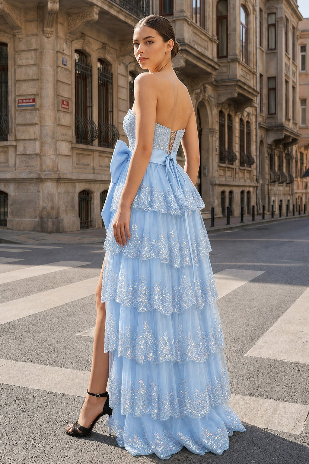 Sweetheart Light Blue Lace Appliques Ruffle Long Formal Gown - Curvevia