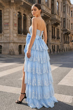 Sweetheart Light Blue Lace Appliques Ruffle Long Formal Gown - Curvevia