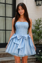 Pink Strapless Tulle A-Line Short Corset Homecoming Dress with Bow - Curvevia