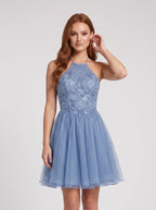 Steel Blue Tulle A-Line Halter neckline Backless Short Dress with Pleated Bodice - Curvevia
