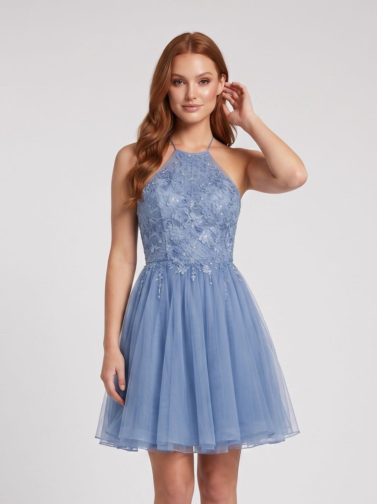 Steel Blue Tulle A-Line Halter neckline Backless Short Dress with Pleated Bodice - Curvevia