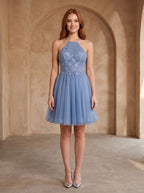 Steel Blue Tulle A-Line Halter neckline Backless Short Dress with Pleated Bodice - Curvevia