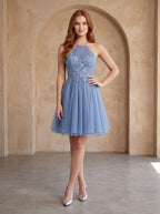Steel Blue Tulle A-Line Halter neckline Backless Short Dress with Pleated Bodice - Curvevia