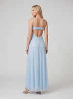 Sky Blue Tulle A-Line V-Neck Backless Floor-Length Dress with Beaded Bodice - Curvevia