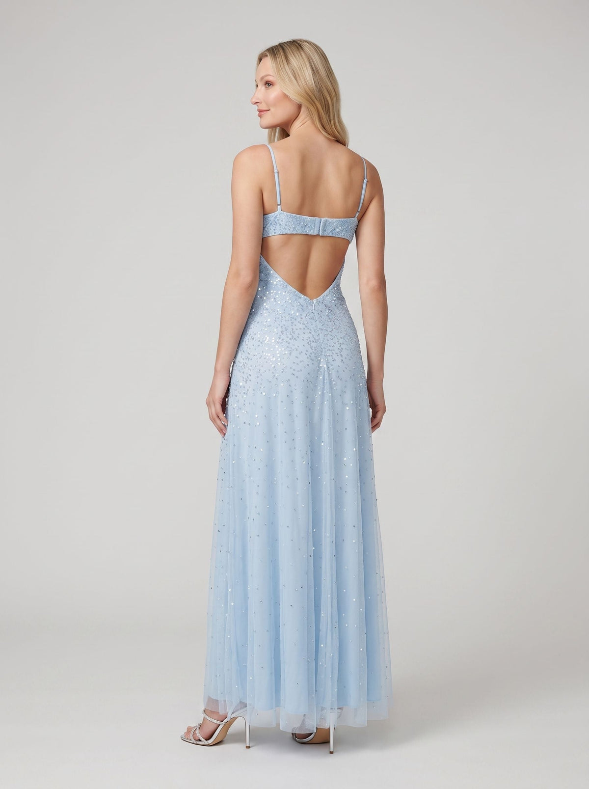 Sky Blue Tulle A-Line V-Neck Backless Floor-Length Dress with Beaded Bodice - Curvevia