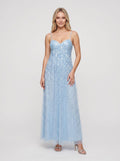 Sky Blue Tulle A-Line V-Neck Backless Floor-Length Dress with Beaded Bodice - Curvevia
