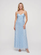 Sky Blue Tulle A-Line V-Neck Backless Floor-Length Dress with Beaded Bodice - Curvevia