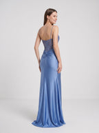 Steel Blue Satin Sheath Sweetheart Back Zip Floor-Length Dress with Beaded Corset Bodice - Curvevia