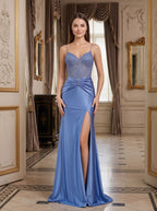 Steel Blue Satin Sheath Sweetheart Back Zip Floor-Length Dress with Beaded Corset Bodice - Curvevia