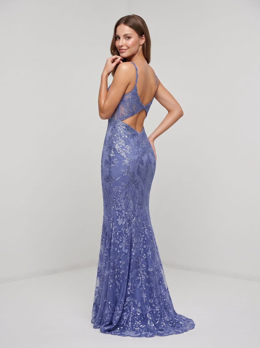 Slate Blue Sequined Lace Mermaid V-Neck Corset Back Floor-Length Dress with Sheer Corset Bodice - Curvevia