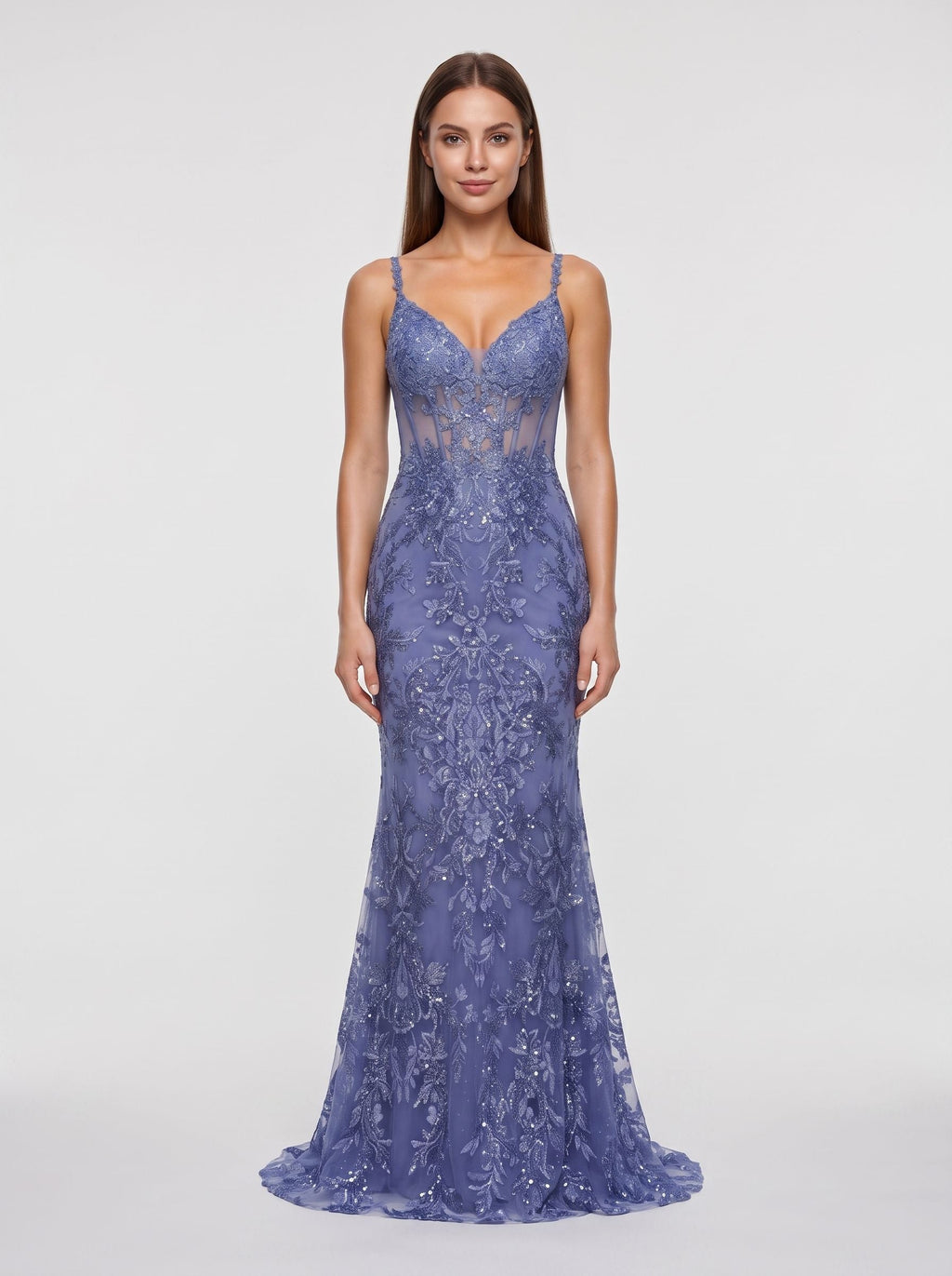 Slate Blue Sequined Lace Mermaid V-Neck Corset Back Floor-Length Dress with Sheer Corset Bodice - Curvevia