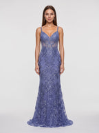 Slate Blue Sequined Lace Mermaid V-Neck Corset Back Floor-Length Dress with Sheer Corset Bodice - Curvevia