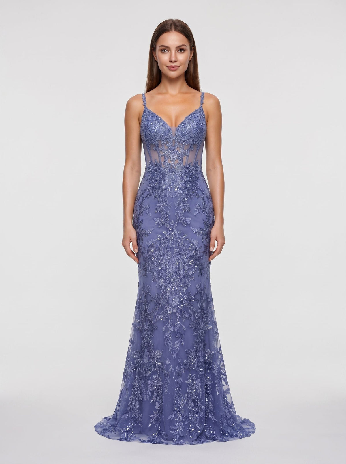 Slate Blue Sequined Lace Mermaid V-Neck Corset Back Floor-Length Dress with Sheer Corset Bodice - Curvevia