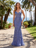 Slate Blue Sequined Lace Mermaid V-Neck Corset Back Floor-Length Dress with Sheer Corset Bodice - Curvevia