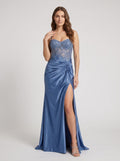 Slate Blue Tulle column Sweetheart Lace-up Floor-Length Dress with Embroidered Bodice - Curvevia