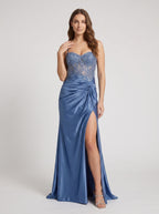 Slate Blue Tulle column Sweetheart Lace-up Floor-Length Dress with Embroidered Bodice - Curvevia