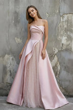 Pink Satin A-Line Floor-Length Evening Gown with Slit Strapless Prom Dress - Curvevia