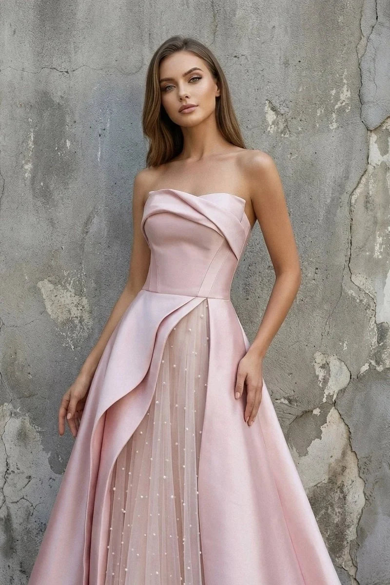 Pink Satin A-Line Floor-Length Evening Gown with Slit Strapless Prom Dress - Curvevia