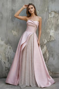 Pink Satin A-Line Floor-Length Evening Gown with Slit Strapless Prom Dress - Curvevia