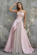 Pink Satin A-Line Floor-Length Evening Gown with Slit Strapless Prom Dress - Curvevia