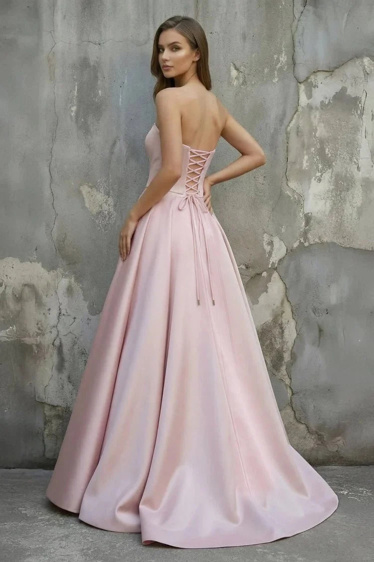 Pink Satin A-Line Floor-Length Evening Gown with Slit Strapless Prom Dress - Curvevia