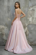 Pink Satin A-Line Floor-Length Evening Gown with Slit Strapless Prom Dress - Curvevia