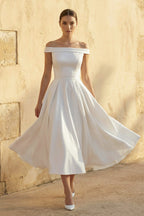 Sleeveless Tea-Length Satin Wedding Dress With Sash And Off-The-Shoulder Neck - Curvevia