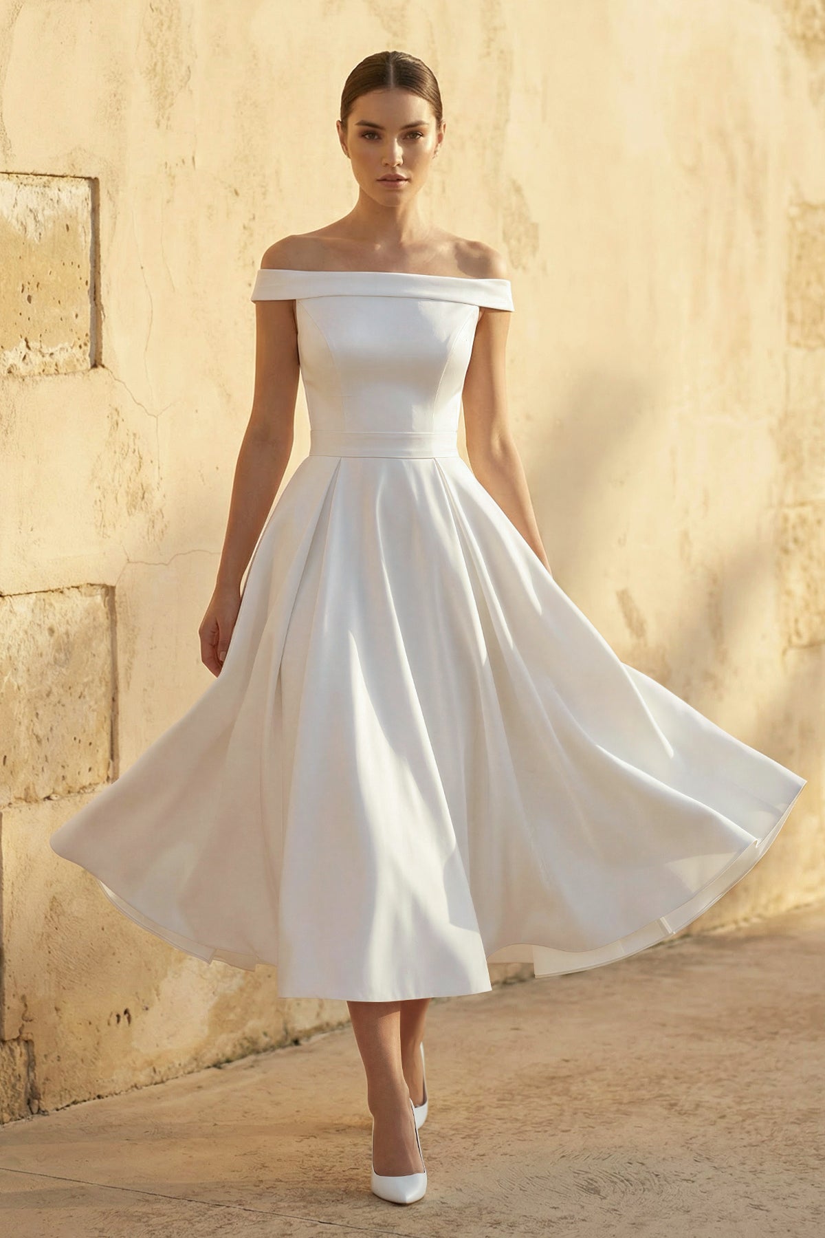 Sleeveless Tea-Length Satin Wedding Dress With Sash And Off-The-Shoulder Neck - Curvevia