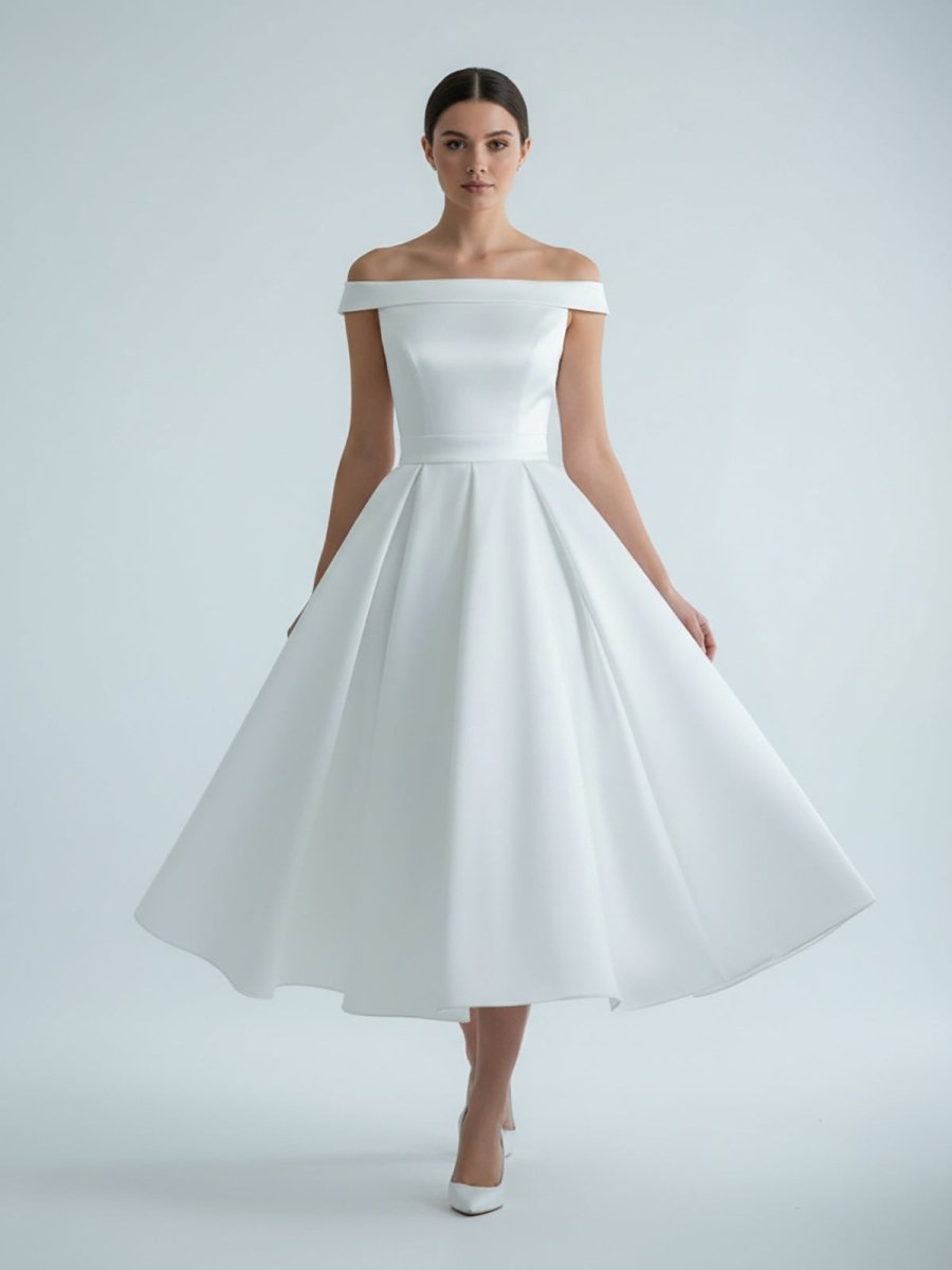 Sleeveless Tea-Length Satin Wedding Dress With Sash And Off-The-Shoulder Neck - Curvevia