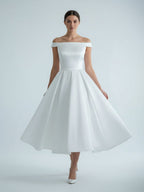 Sleeveless Tea-Length Satin Wedding Dress With Sash And Off-The-Shoulder Neck - Curvevia