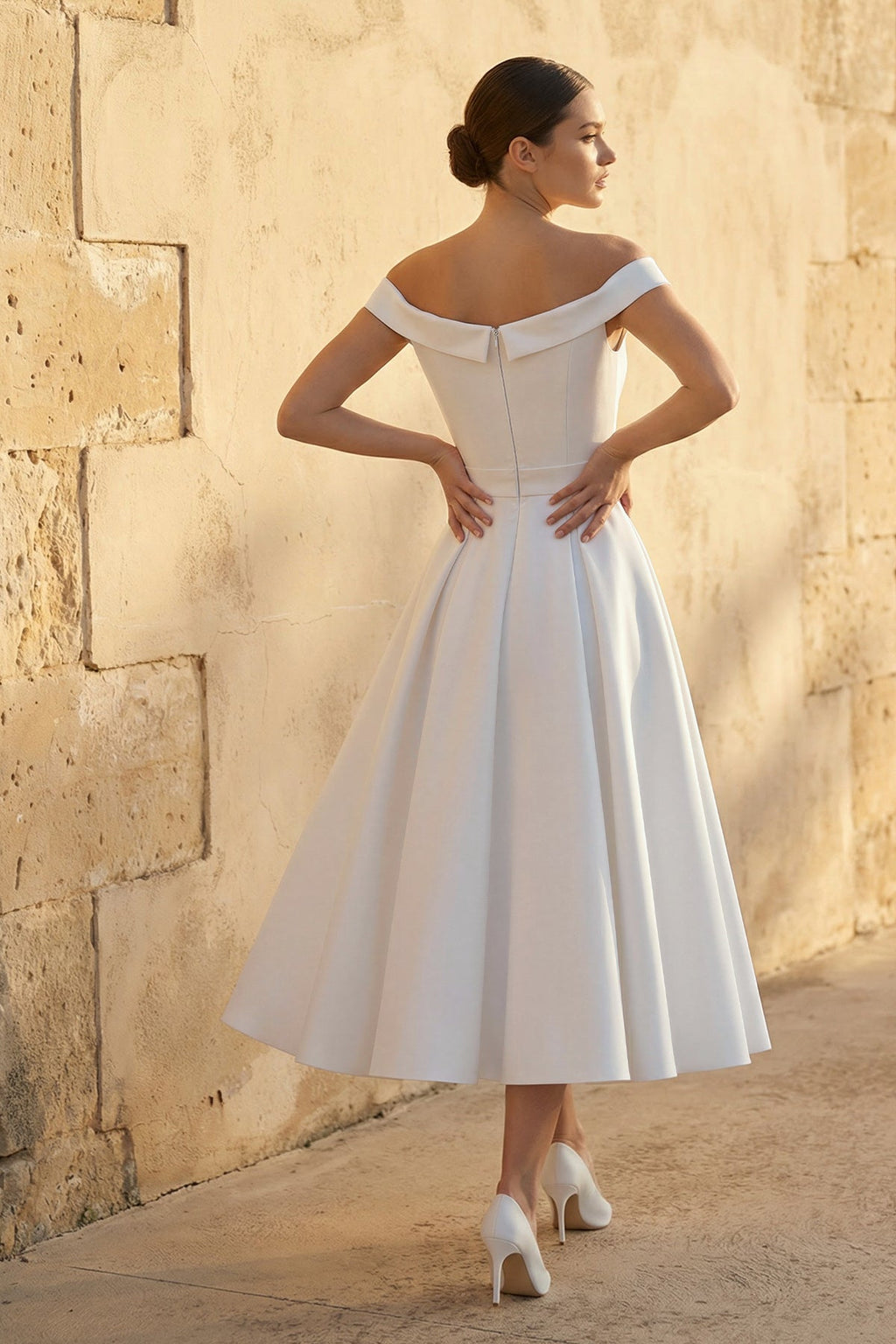 Sleeveless Tea-Length Satin Wedding Dress With Sash And Off-The-Shoulder Neck - Curvevia