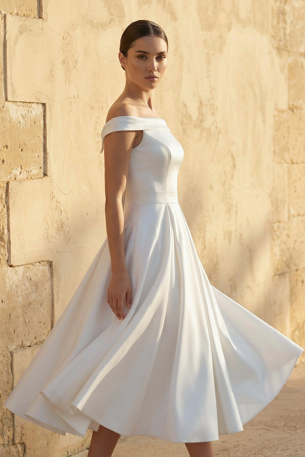 Sleeveless Tea-Length Satin Wedding Dress With Sash And Off-The-Shoulder Neck - Curvevia