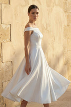 Sleeveless Tea-Length Satin Wedding Dress With Sash And Off-The-Shoulder Neck - Curvevia